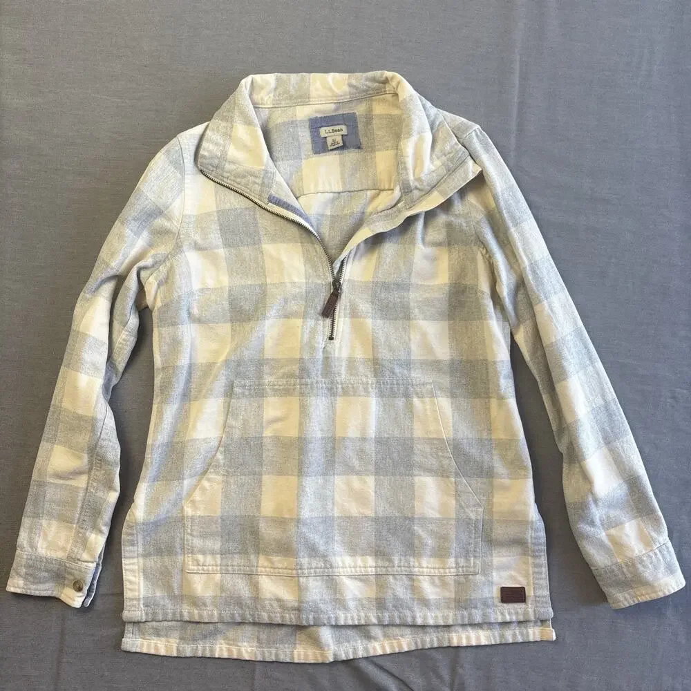 LL‎ Bean Pullover Womens XS Cream Blue Plaid Sweatshirt Half Zip Outdoor Casual
